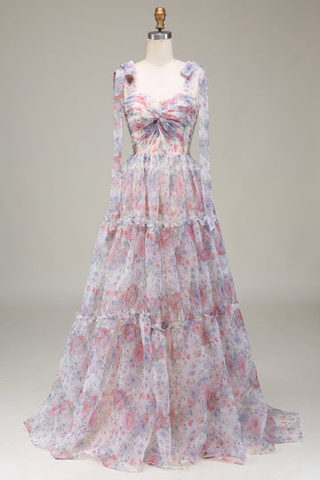 A-Line Organza Flower Printed Prom Dress